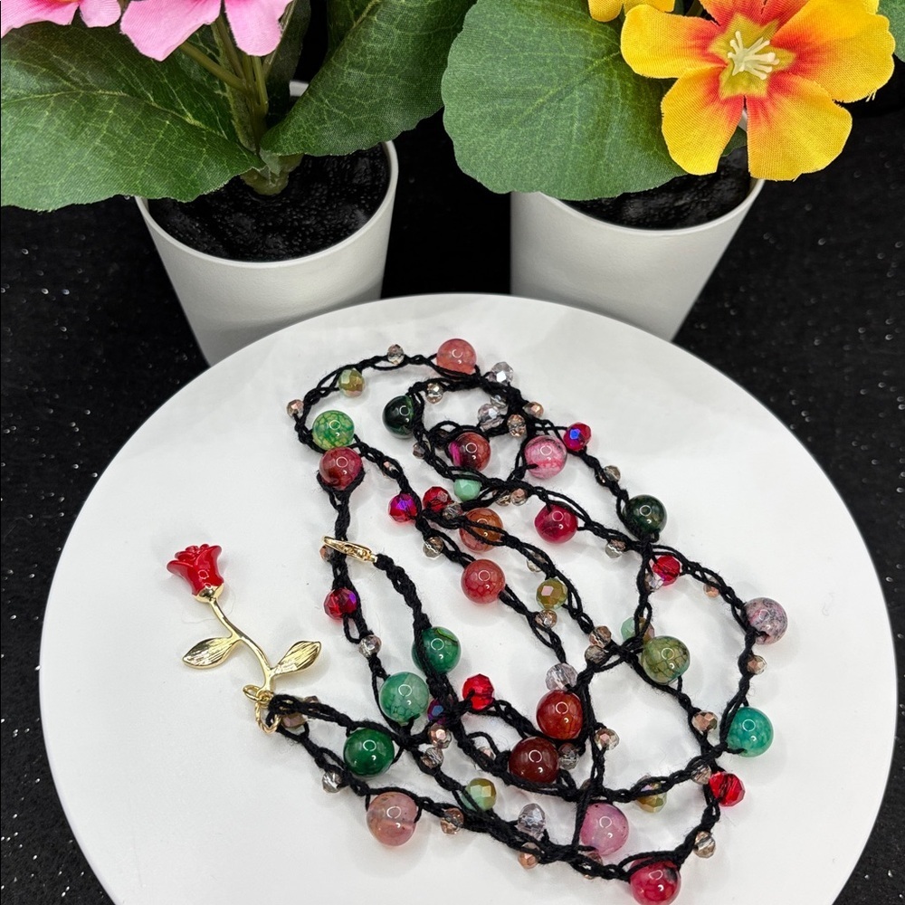 Handmade Rose Pendant Crochet Necklace | Dyed Agate & Glass Beads Adjustable 20” - Picture 7 of 8
